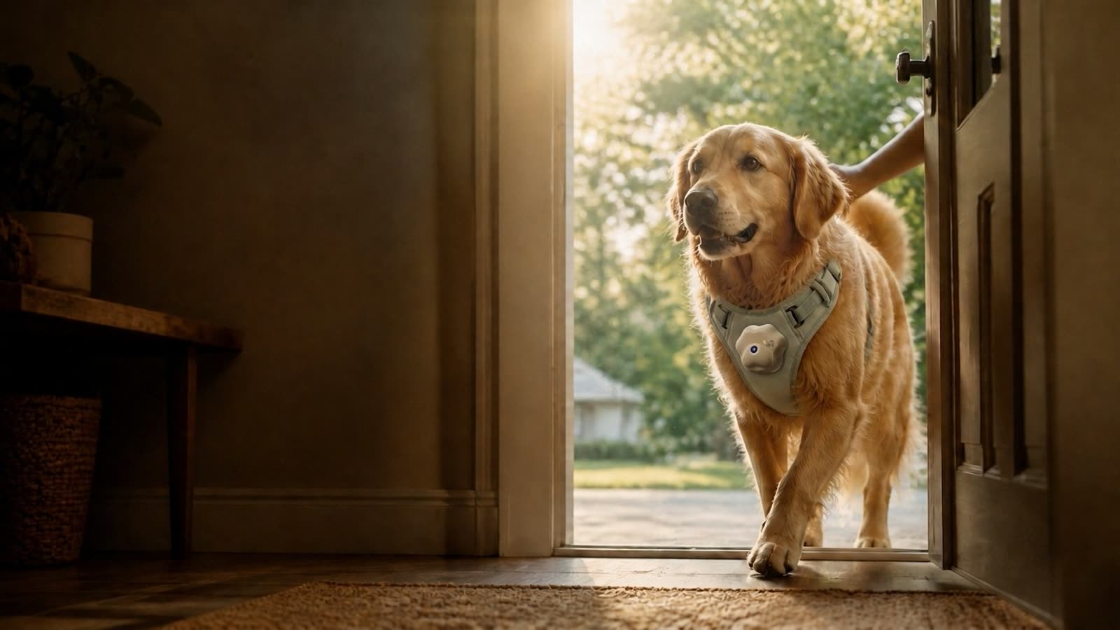 Une propriétaire avec trois chiens et un chat, chacun portant un pendentif Ouren M1 sur son collier