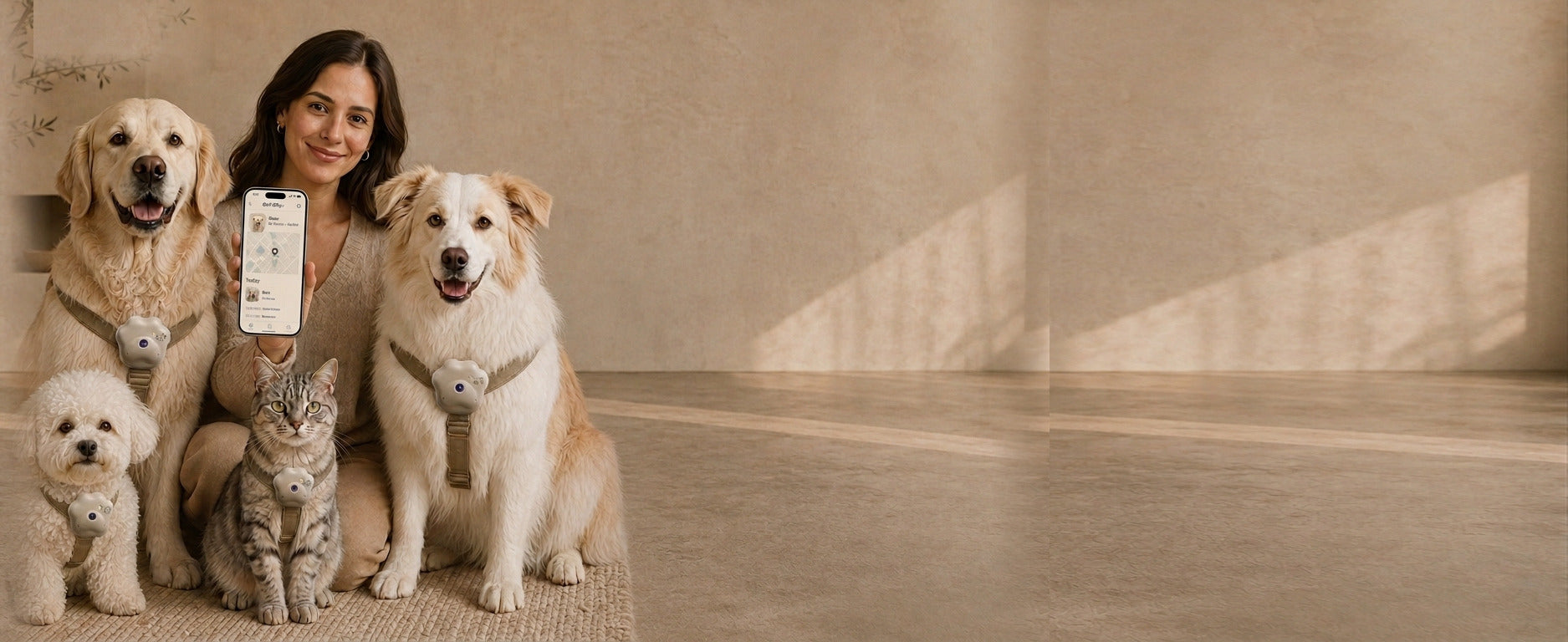 A pet owner with three dogs and a cat, each wearing an Ouren M1 collar pendant