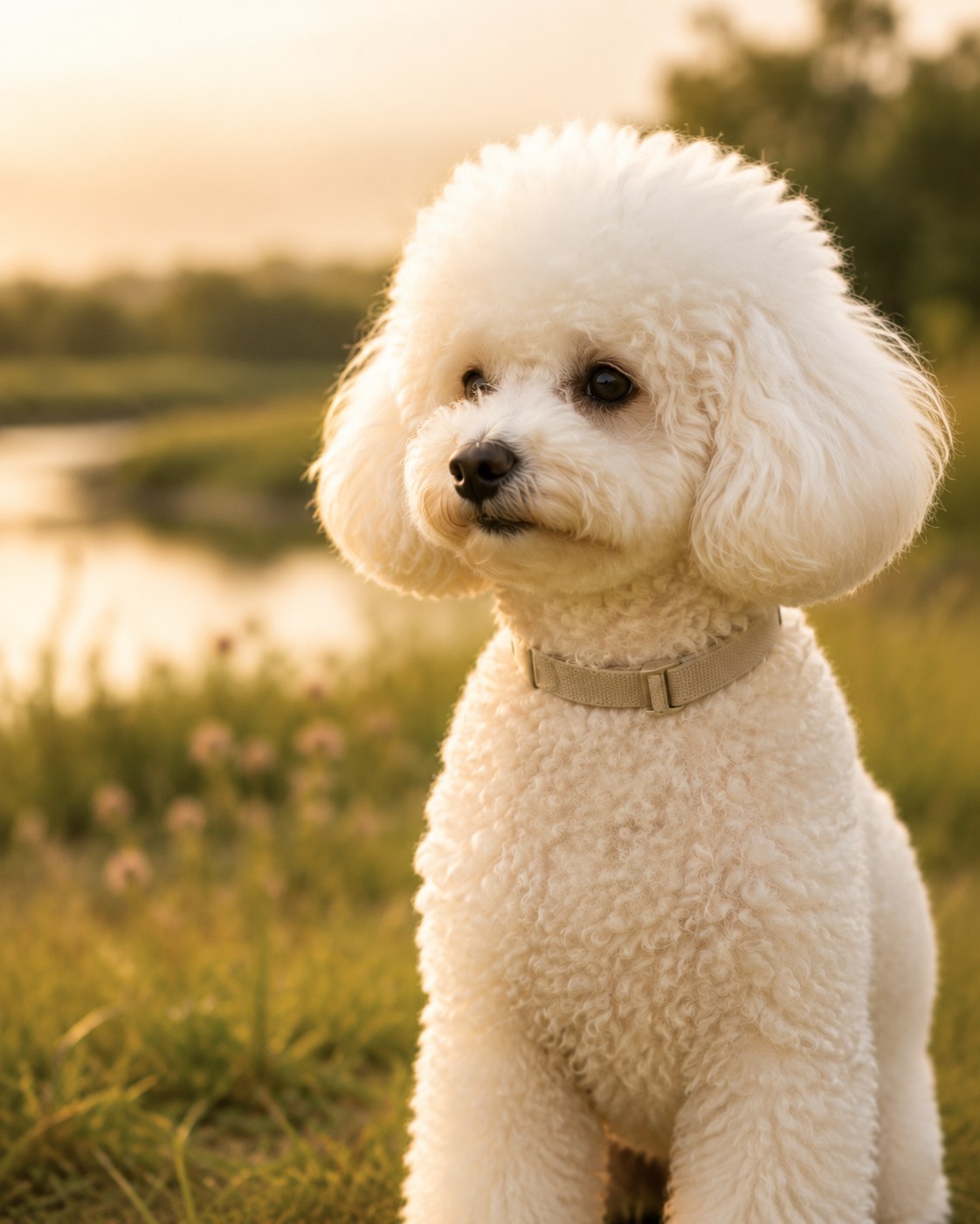 A small white poodle in a golden-hour field, wearing a plain collar