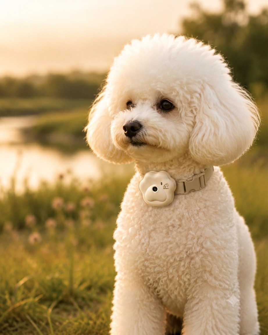 The same poodle with an Auren M1 on its collar