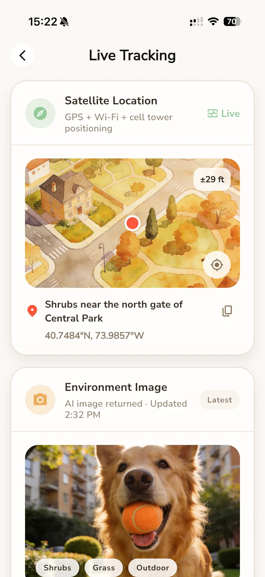 FindPet Live Tracking screen in the Ouren app, showing satellite location and an environment image